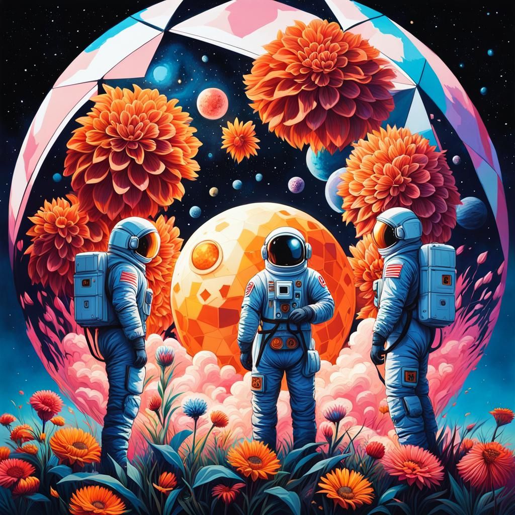 Three men in spacesuits tending to the flowers in a geodesic dome of ...