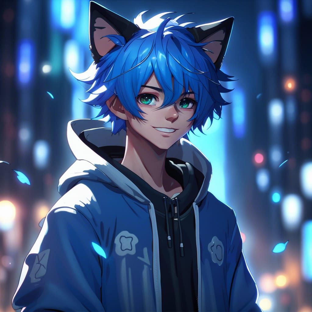 anime boy blue hair cat ears V9 - AI Generated Artwork - NightCafe Creator