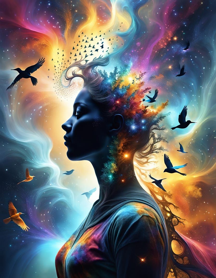 The Soul’s Awakening
"A cosmic masterpiece of a human silhouette dissolving into fractal galaxies, each thought turning into radiant birds o...