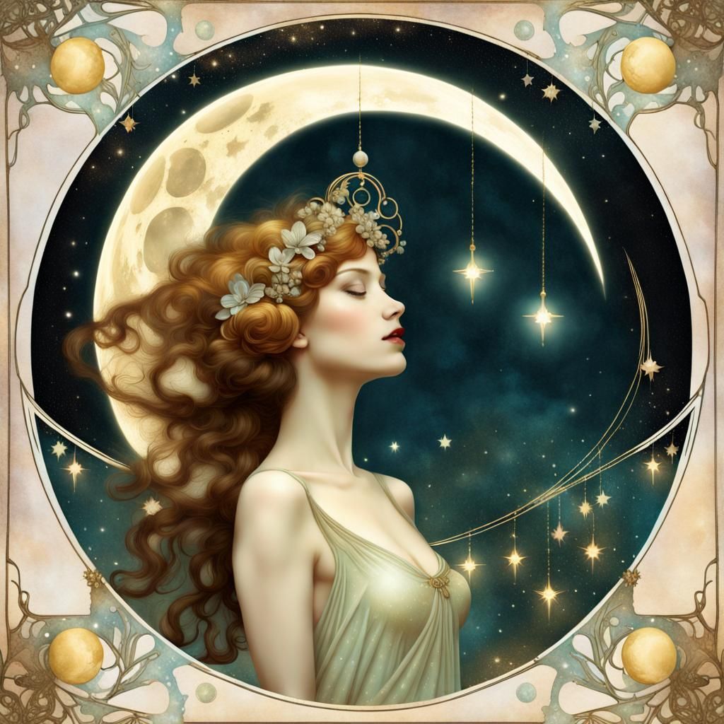 art nouveau moon goddess, celestial, sparkling, magical scene inspired ...