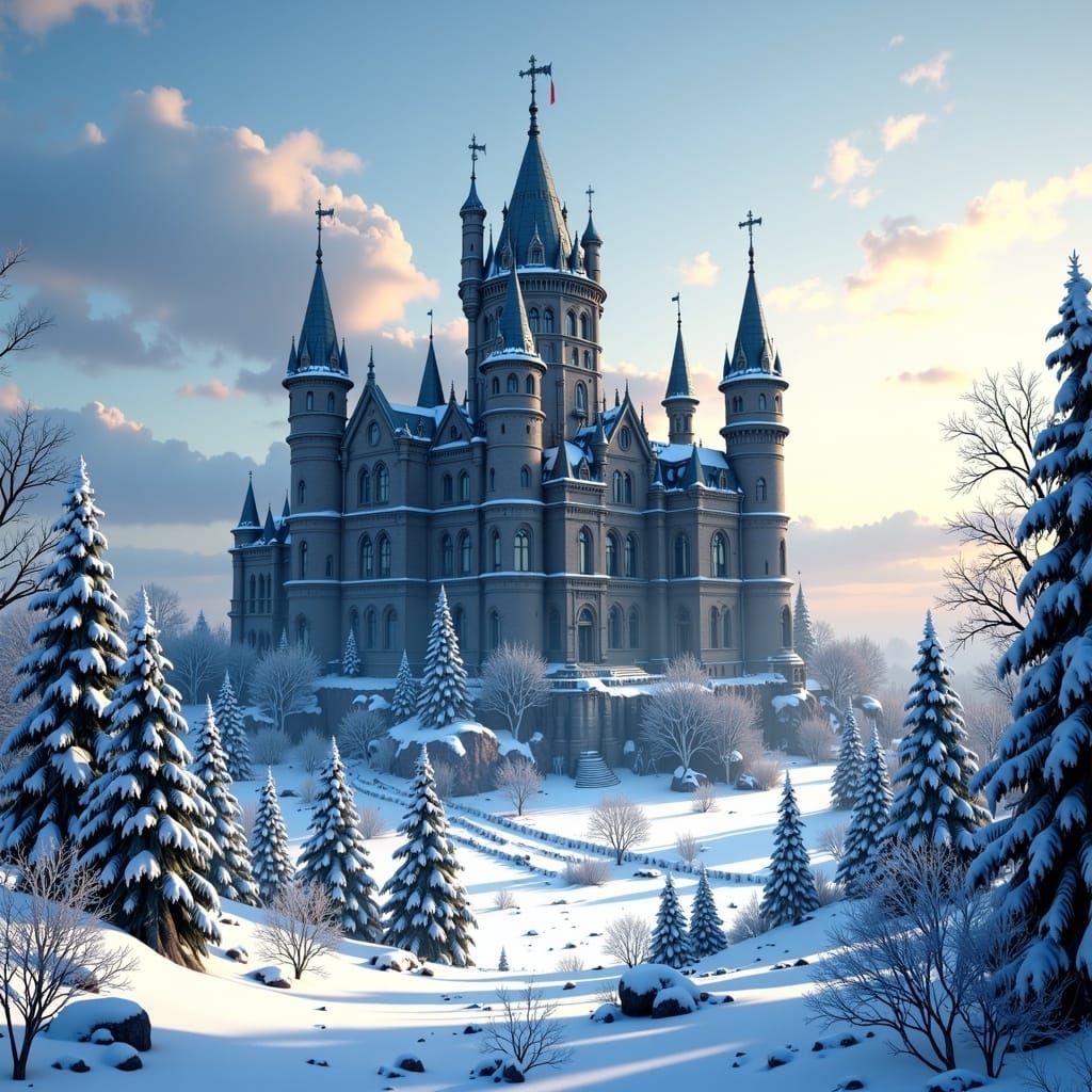 Siberia. Neve.Ghiaccio. Castello di marmo nero . <lora:Wild Serenity:1.0> bokeh volumetric lighting cool colors panorama