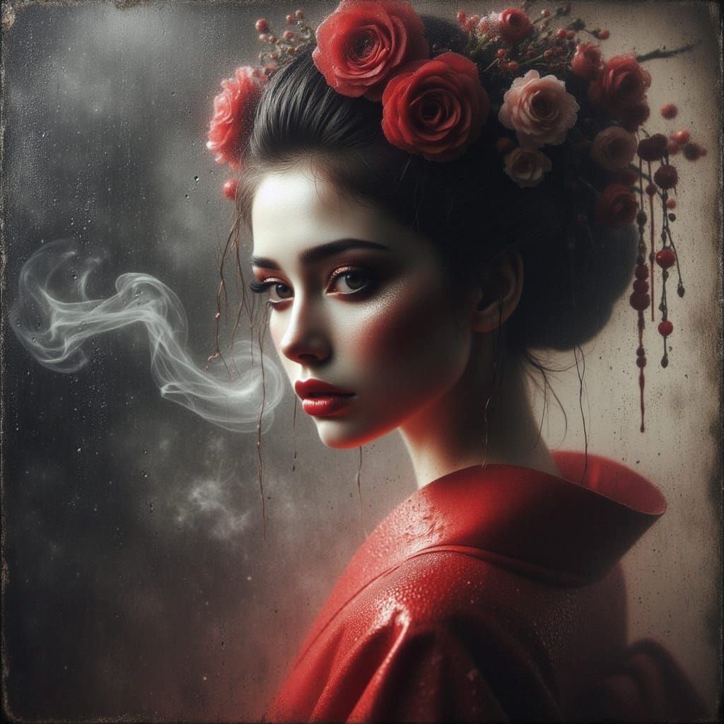 <lora:HRH-Rain-Woven:1.0> Hyper realistic grunge ink and watercolour aged black canvas a dramatic  beautiful smoke geisha portrait. Chiarosc...