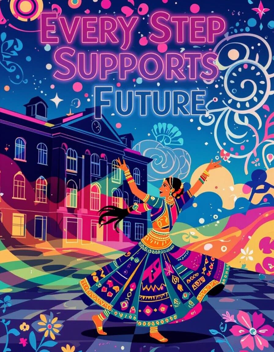  Concept “From Dance to Dreams”
A Dandiya dancer twirling, with her shadow
A Dandiya dancer twirling, with her shadow morphing into a school...