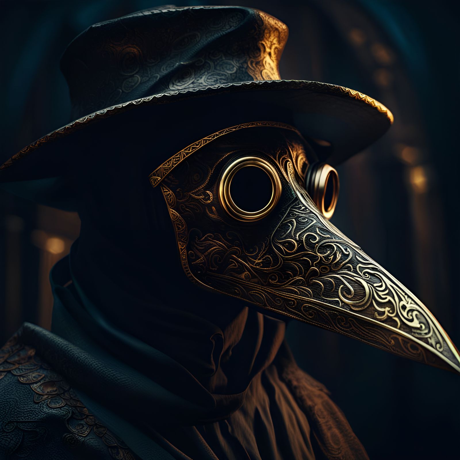 Plague Doctor with Gold Mask in Guache Style