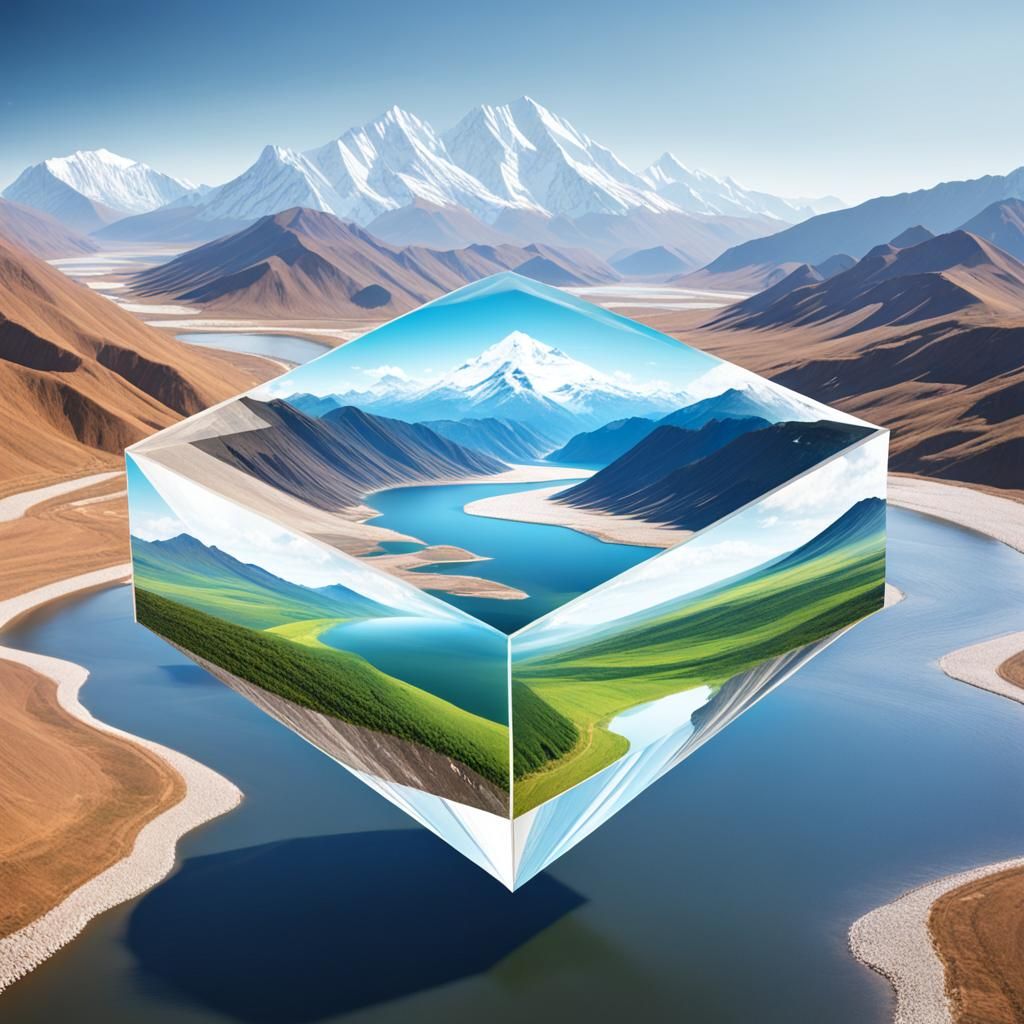 heptagonal prism, mountains and a flowing river inside, phot...