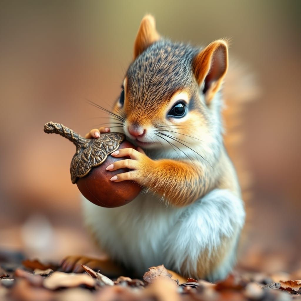 Cute Baby Squirrel Hugging Acorn