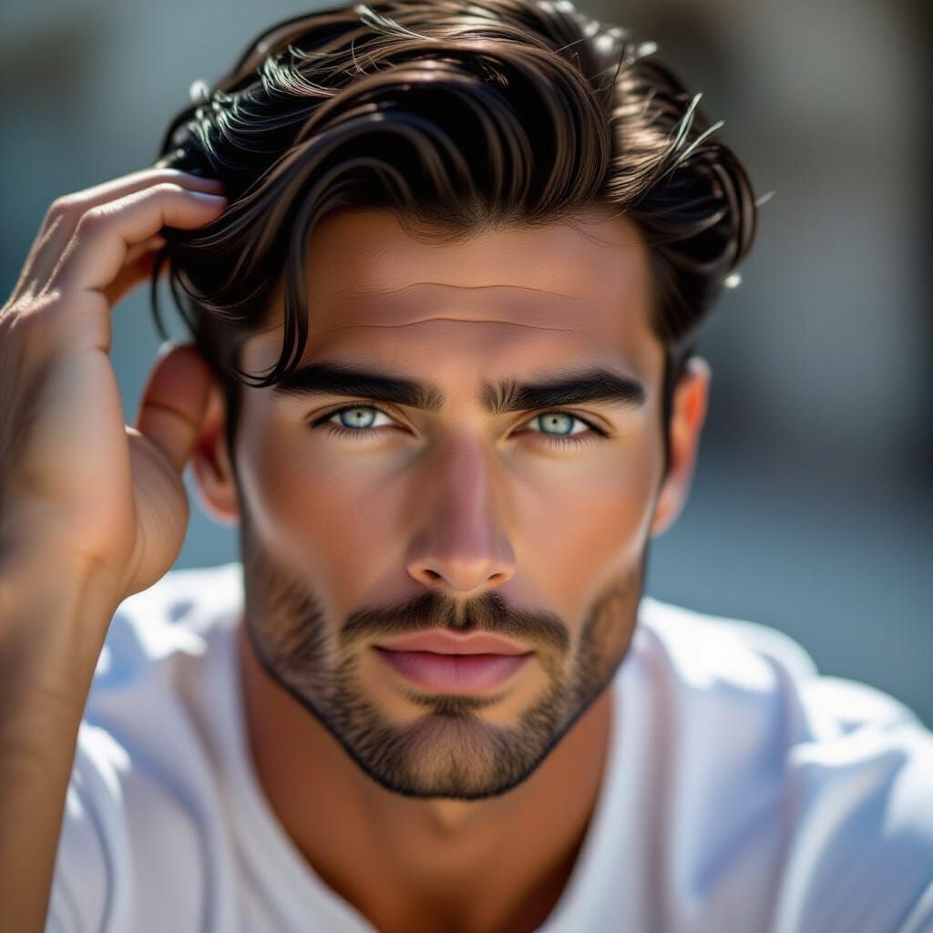 Handsome Man with Black Hair and Blue Eyes