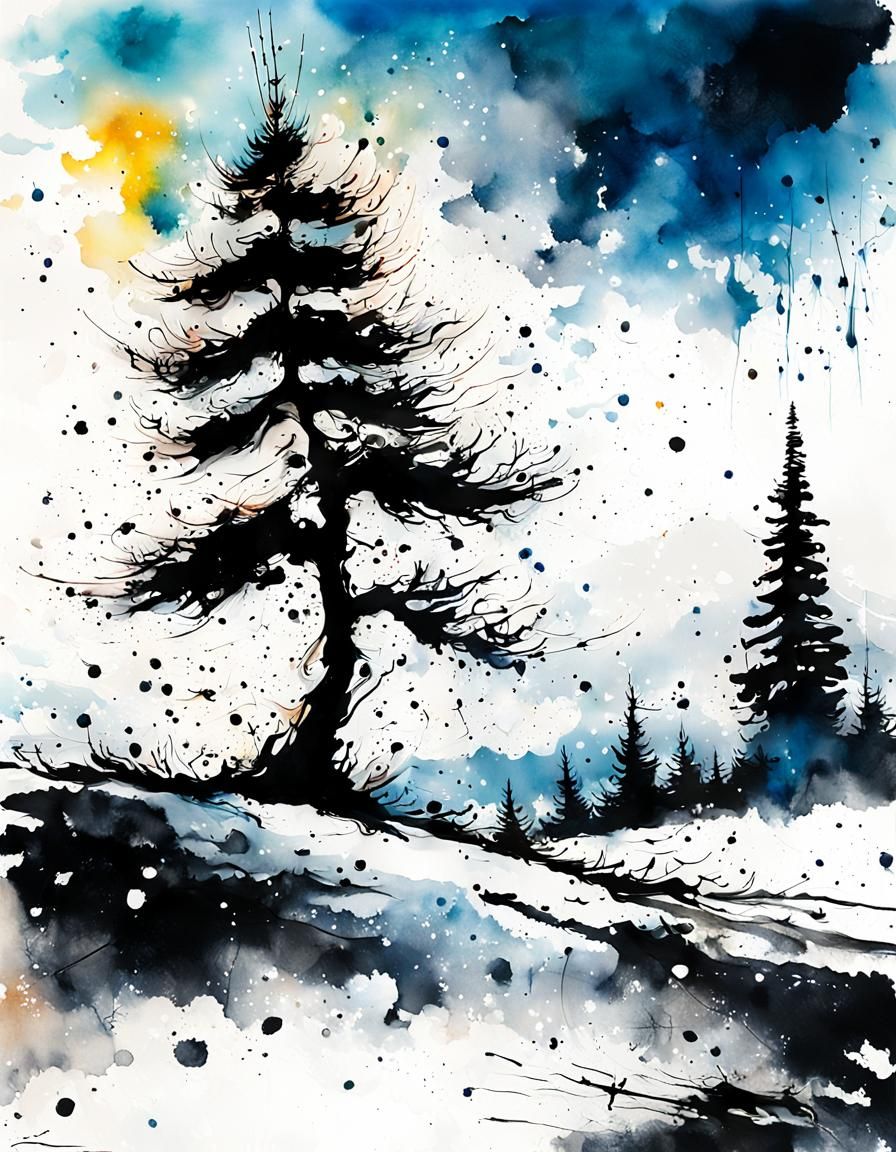 Ethereal Ink Splatter Christmas Landscape in the Style of St...