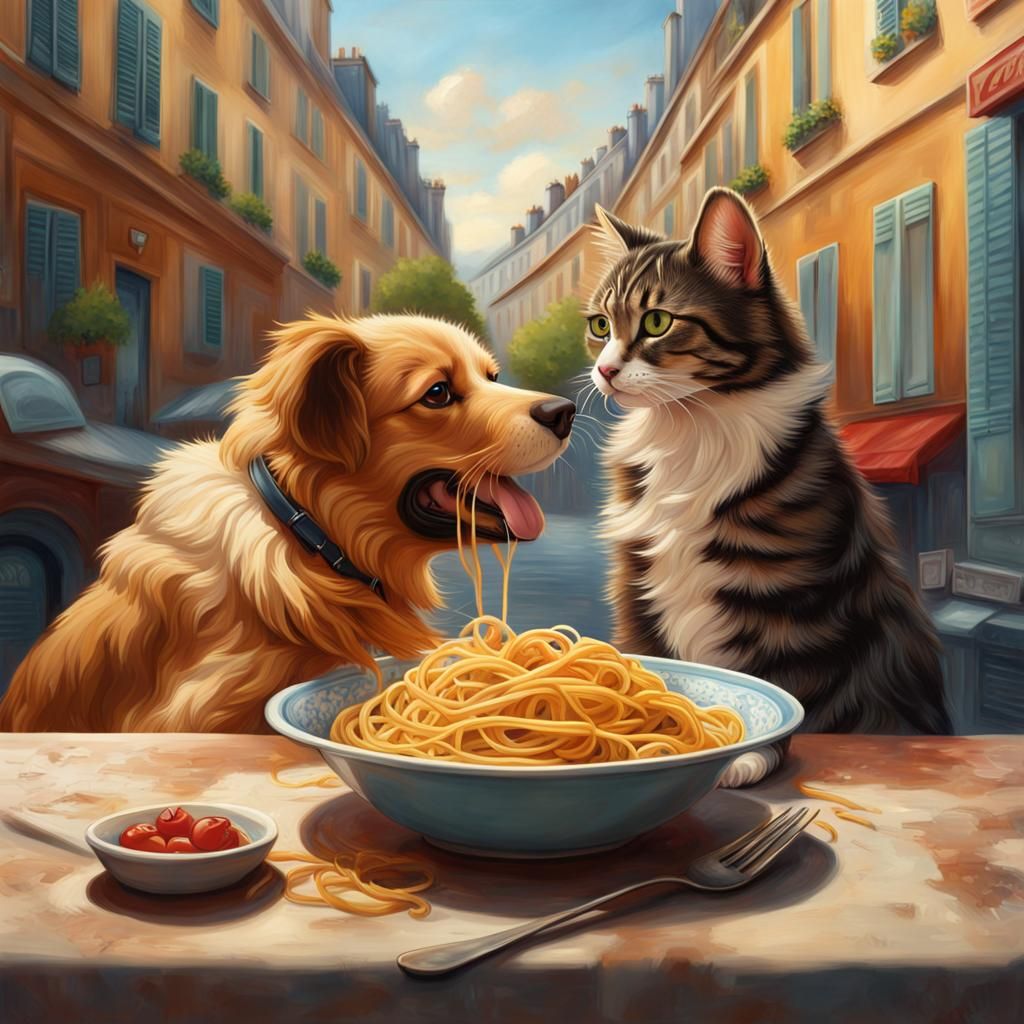 Dog and Cat sharing a bowl of Pasta is Paris - AI Generated Artwork ...