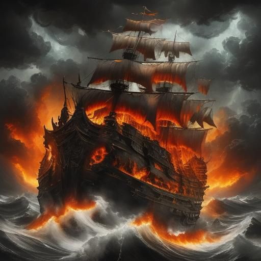 <lora:WreckedShips:1.0> Heavy waves with pirate ship on fire, tentacles coming from the sky seeming wanting to grab the boat in the far dist...