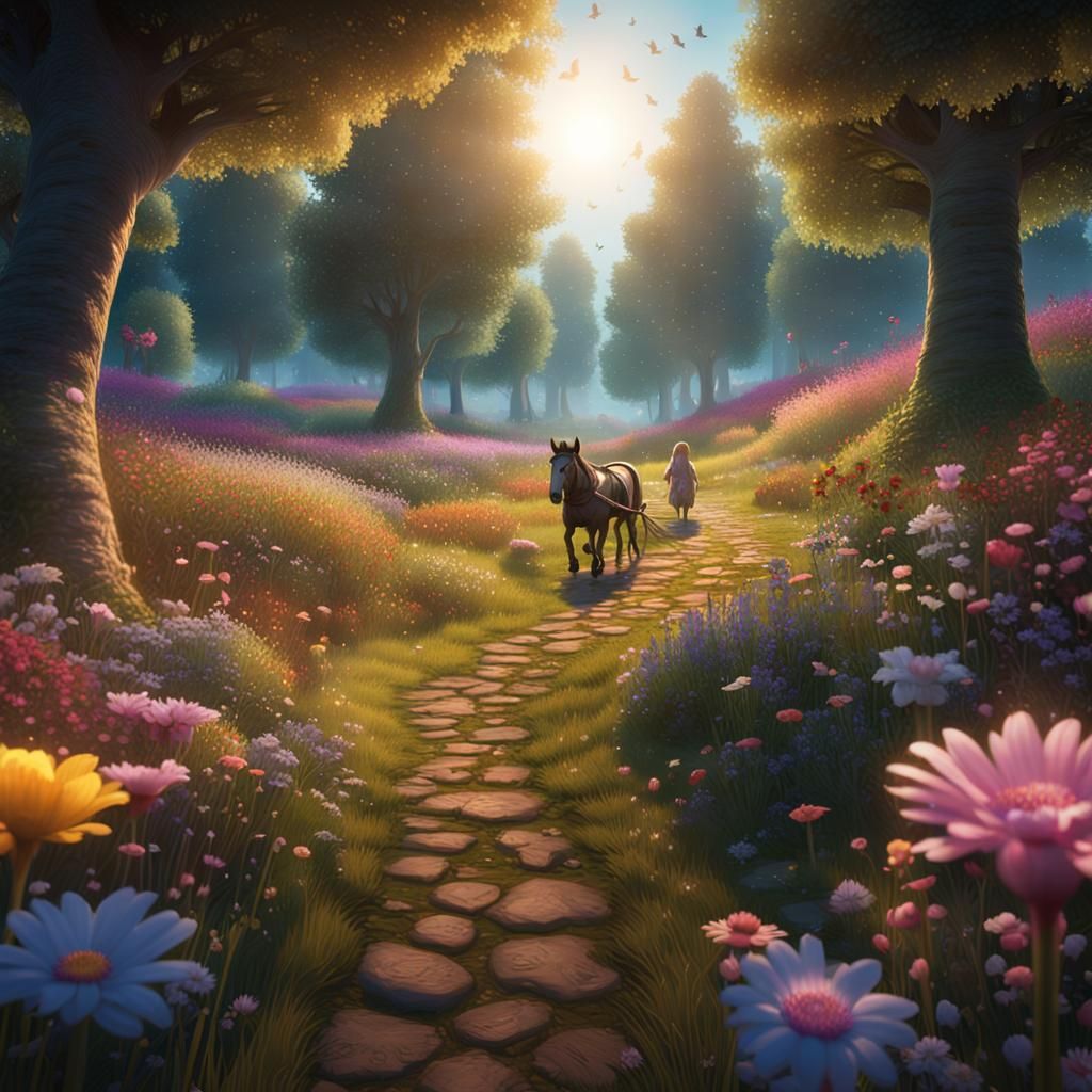colourful flower meadow, enchanted forest, creepy linear ink...