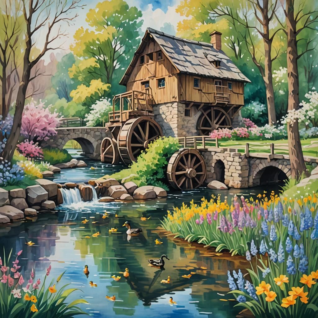 Watermill next to river and ducks spring flowers in Gouache ...