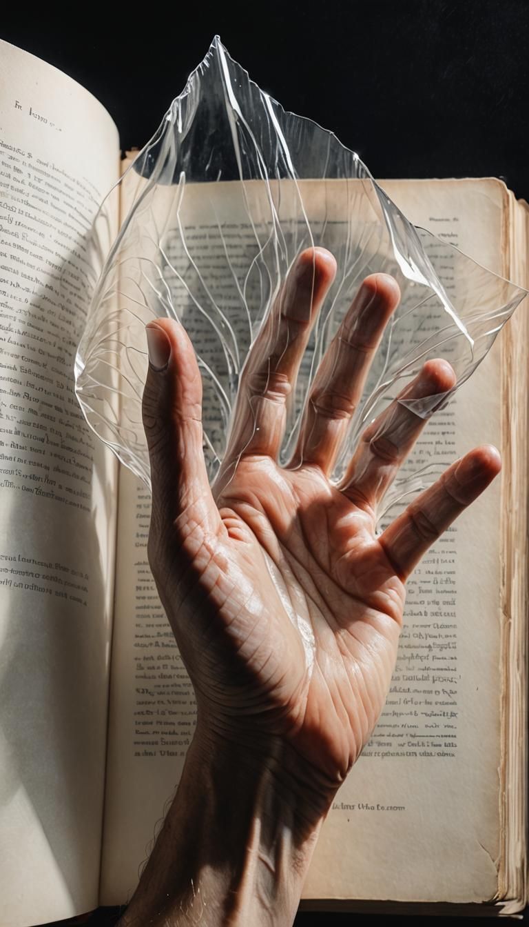 realistic portrait of a translucent hand leafing through a b...