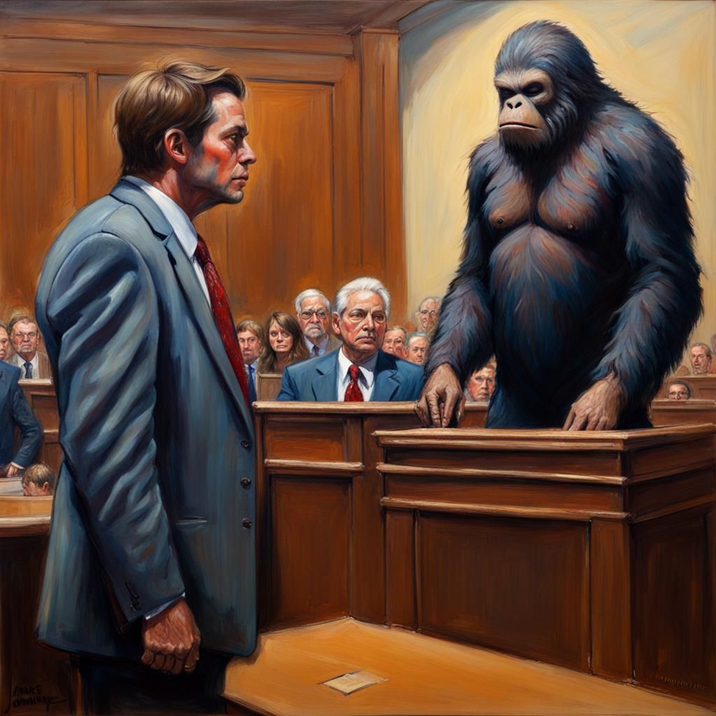 Bigfoot in Courtroom for Trial Interrogating Tobey Maguire o...
