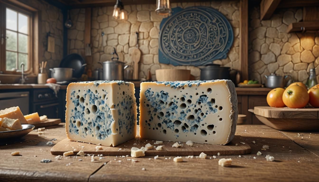 A cross section of British Stilton cheese, on a fancy wooden...