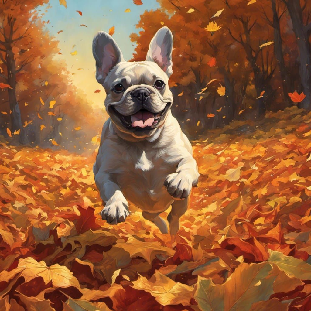 Joyful smiling french bulldog jumping in a pile of autumn le...