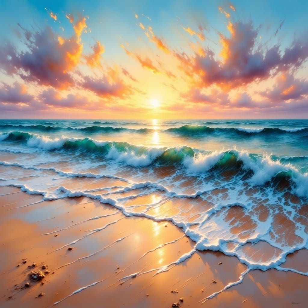 <lora:Oil of the heart:1.0> Hyper realistic oil painting. Warm golden light of sunset. A serene beach scene with calm ocean blue water and...