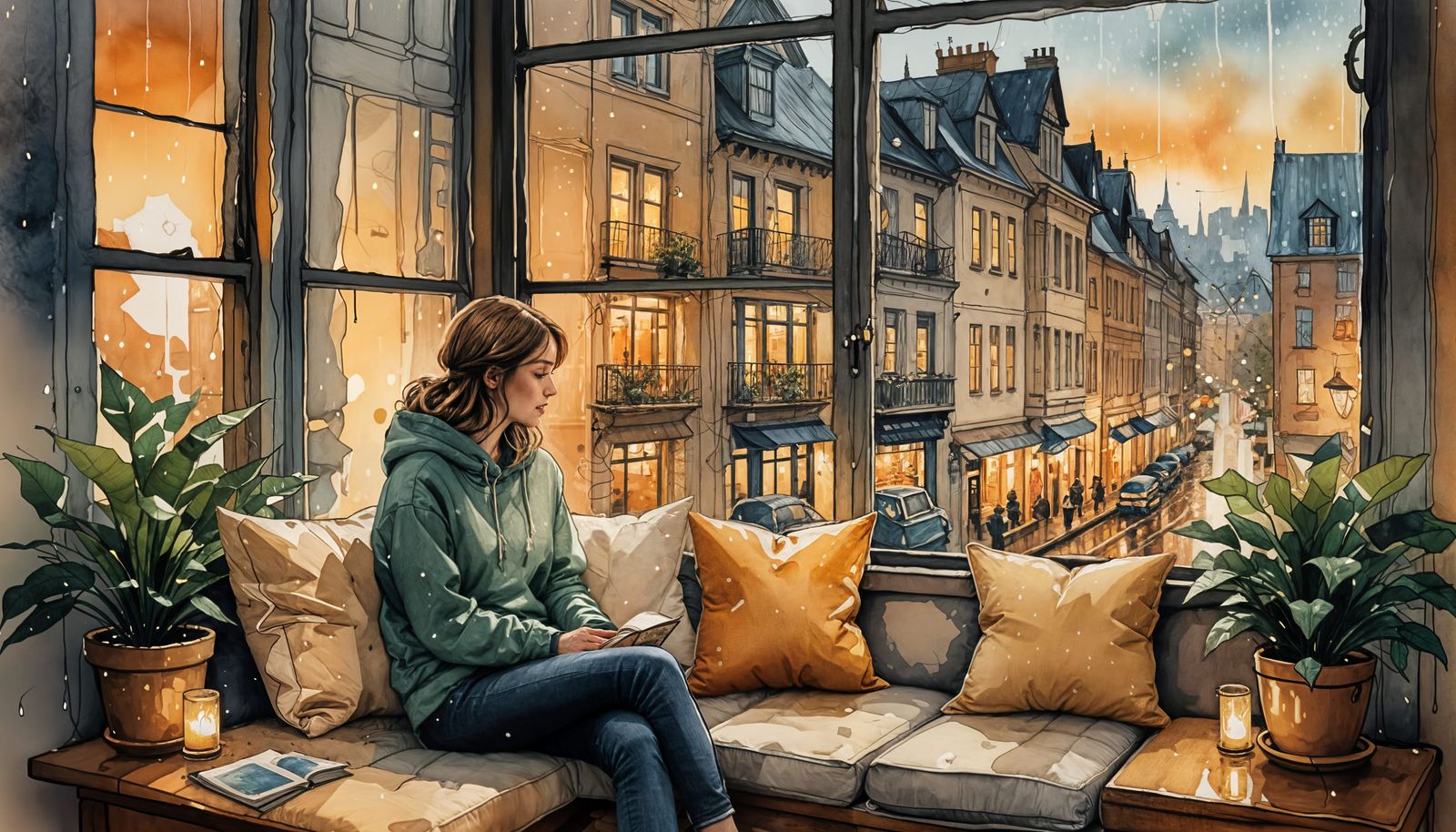 A window seat piled with cushions overlooking a rainy street  by @Alan