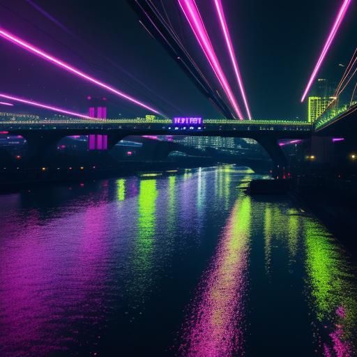 Cyberpunk Han River Bridge at Night in Rain