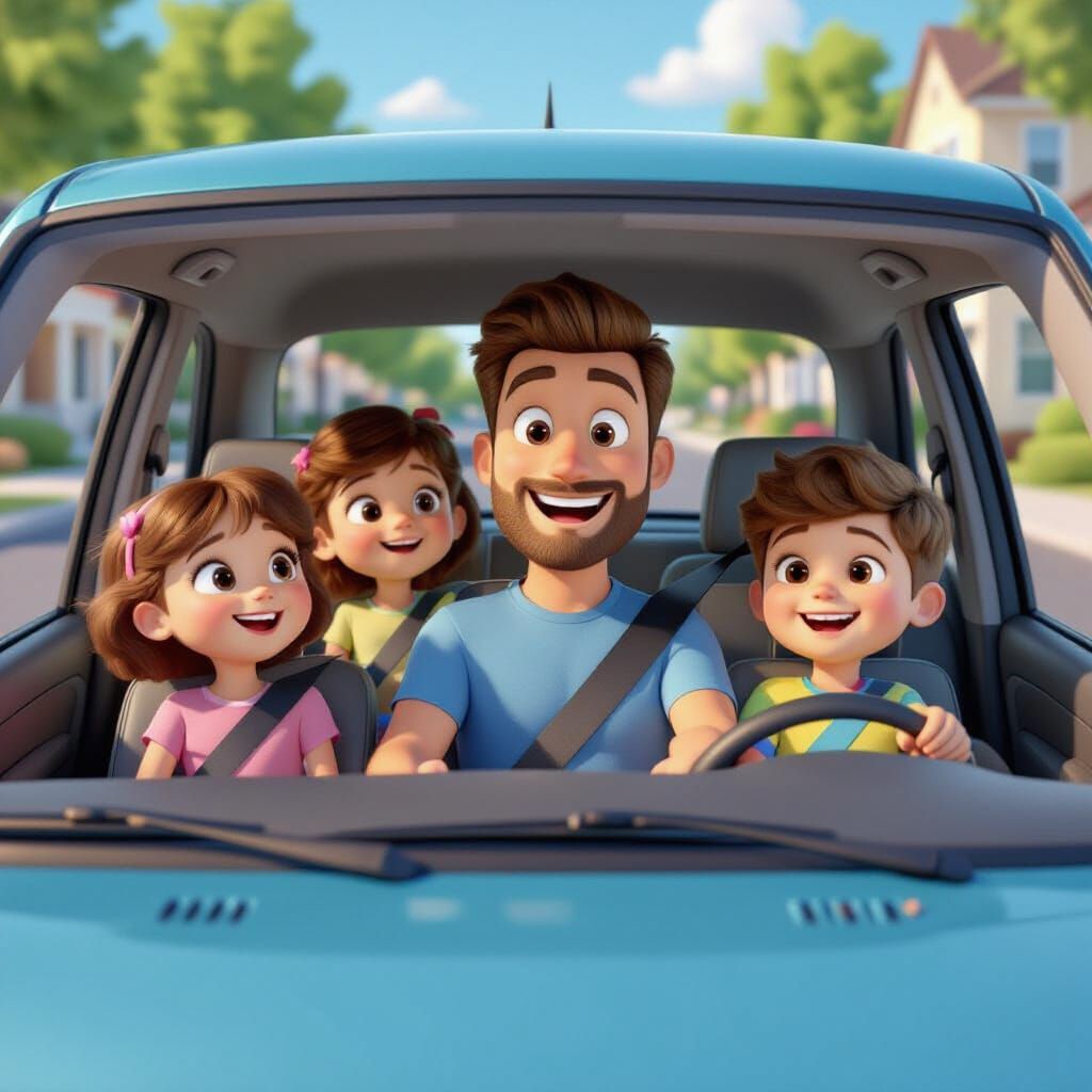 Pixar Style Family Drive on Sunny Street