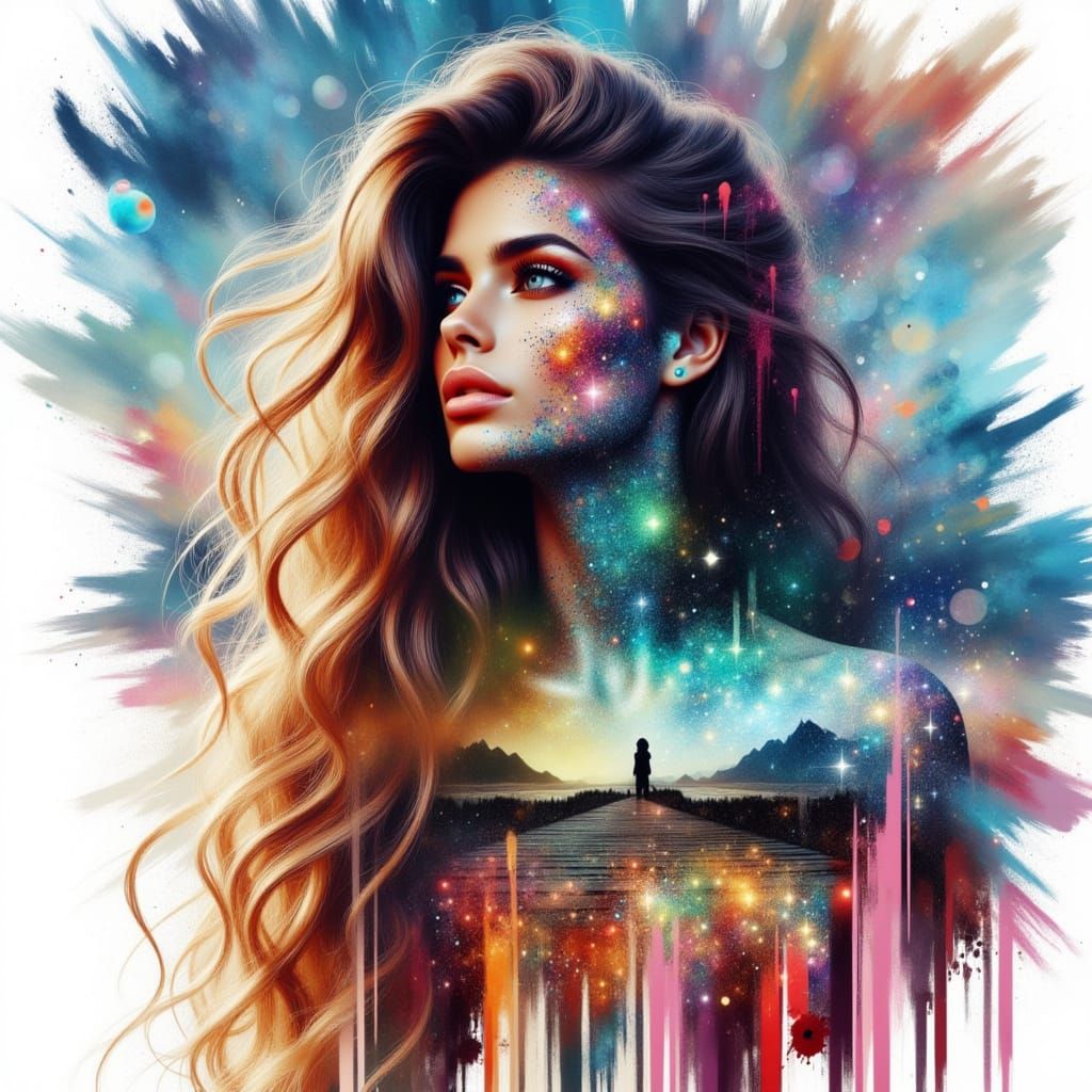<lora:SparklePortraits:1.0> DOUBLE EXPOSURE  beach - portrait - long hair big hair graffiti art, splash art, street art, spray paint, oil go...