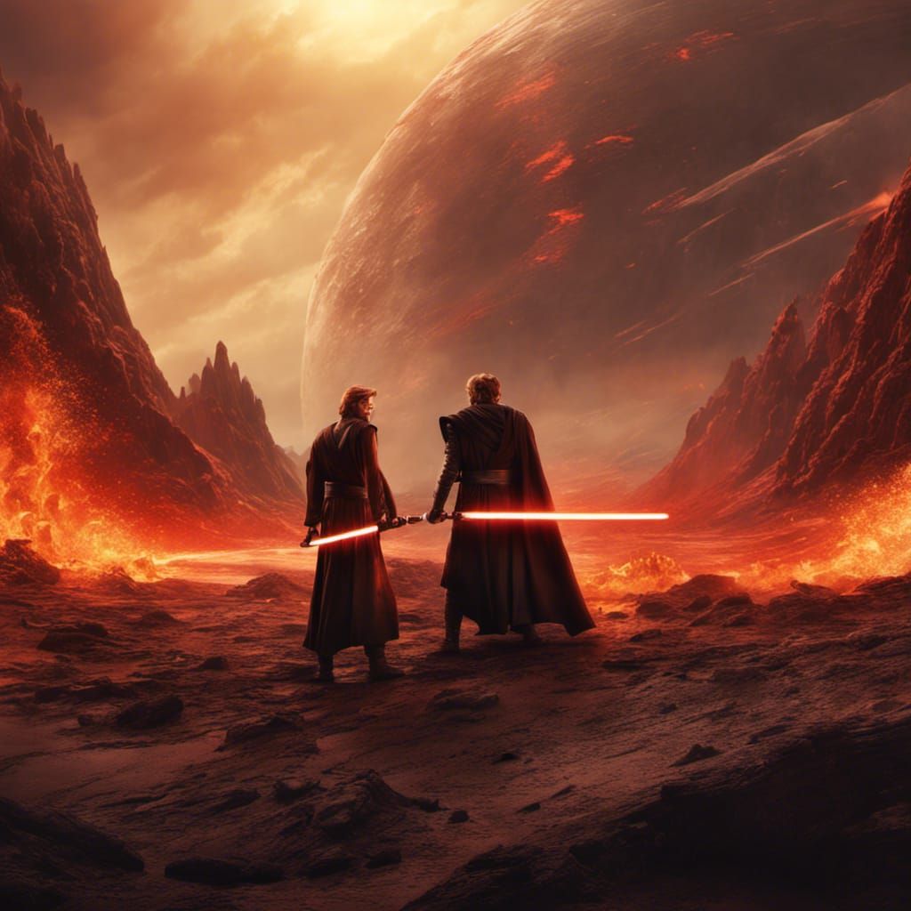 Anakin Skywalker and Obi-wan Kenobi battling with light sabers on the ...