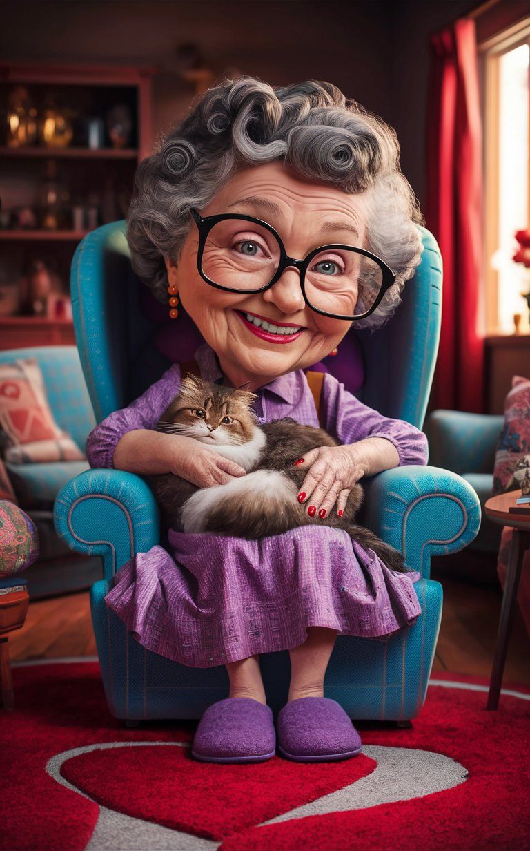 Caricature of a grandma and her cat