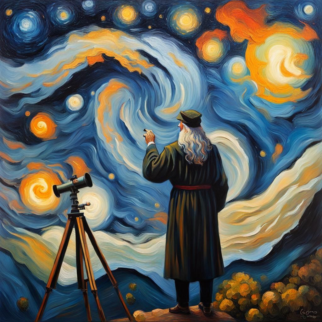 dumbledore from the back observing the stars through a teles...