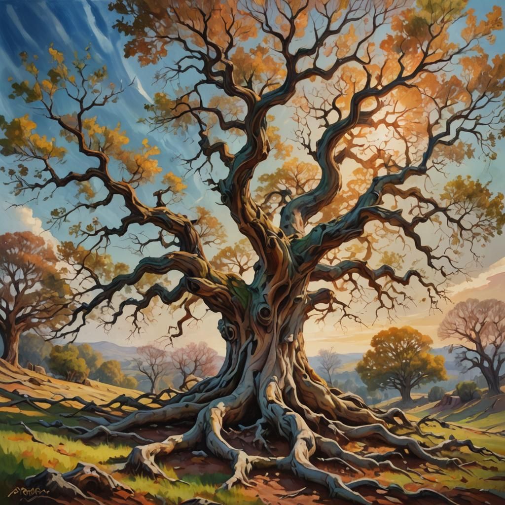 Majestic Ancient Tree Oil Painting on a Hill