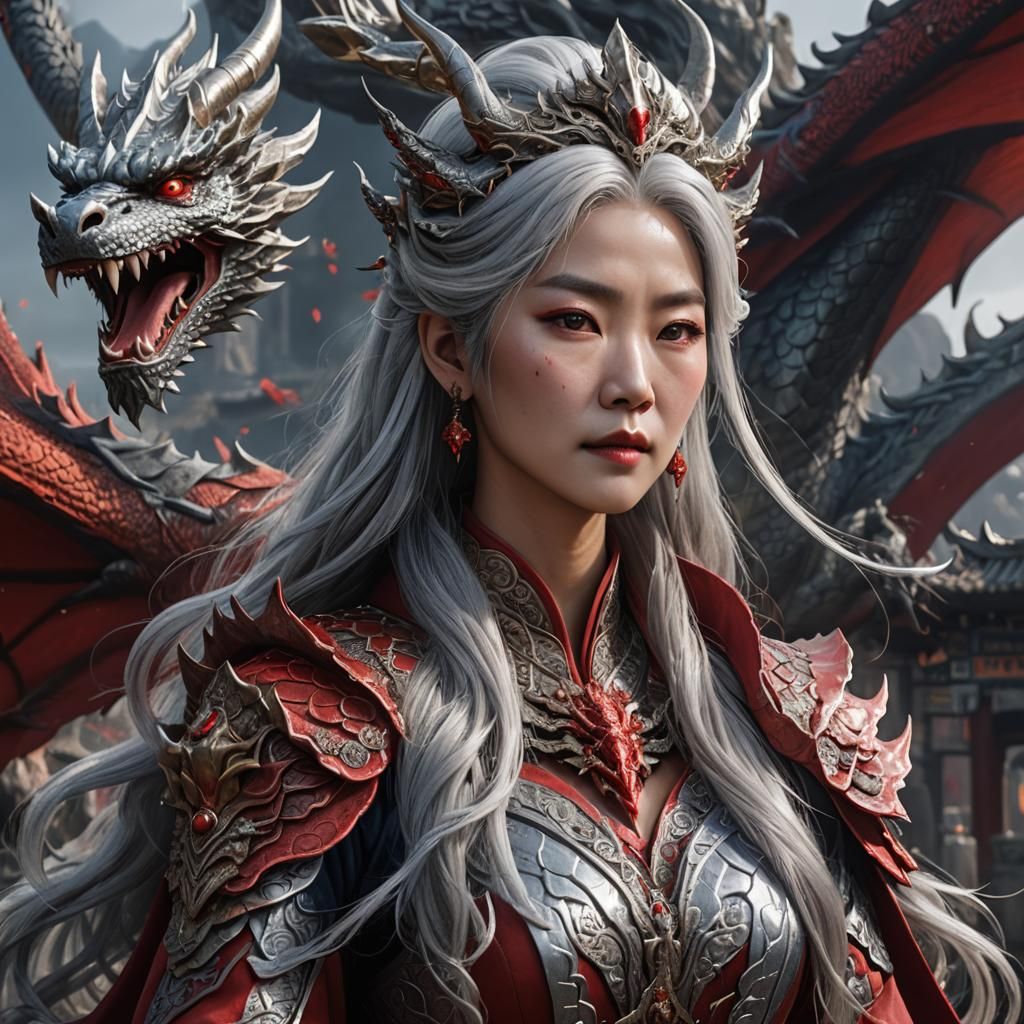 Korean lady silver hair red dragon queen