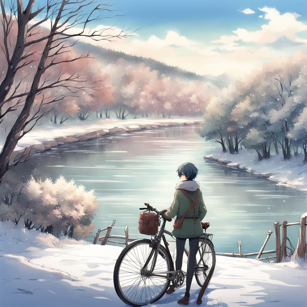 a wanderer stands with bike in front of the Winter riverscap...
