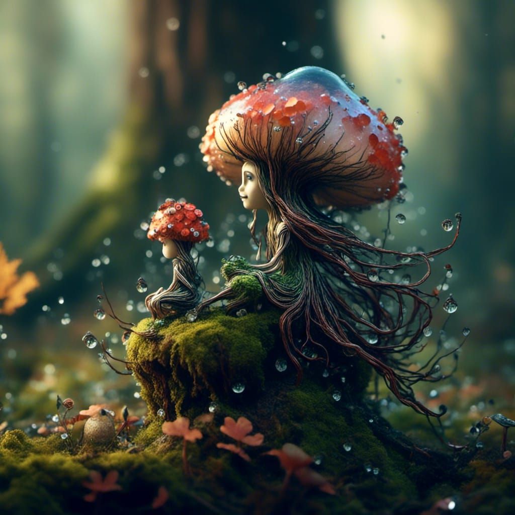 <lora:Arbor Vitae:1.0> Macro photography of a tiny fairy sitting on a mushroom. Dew drops reflect the morning light.