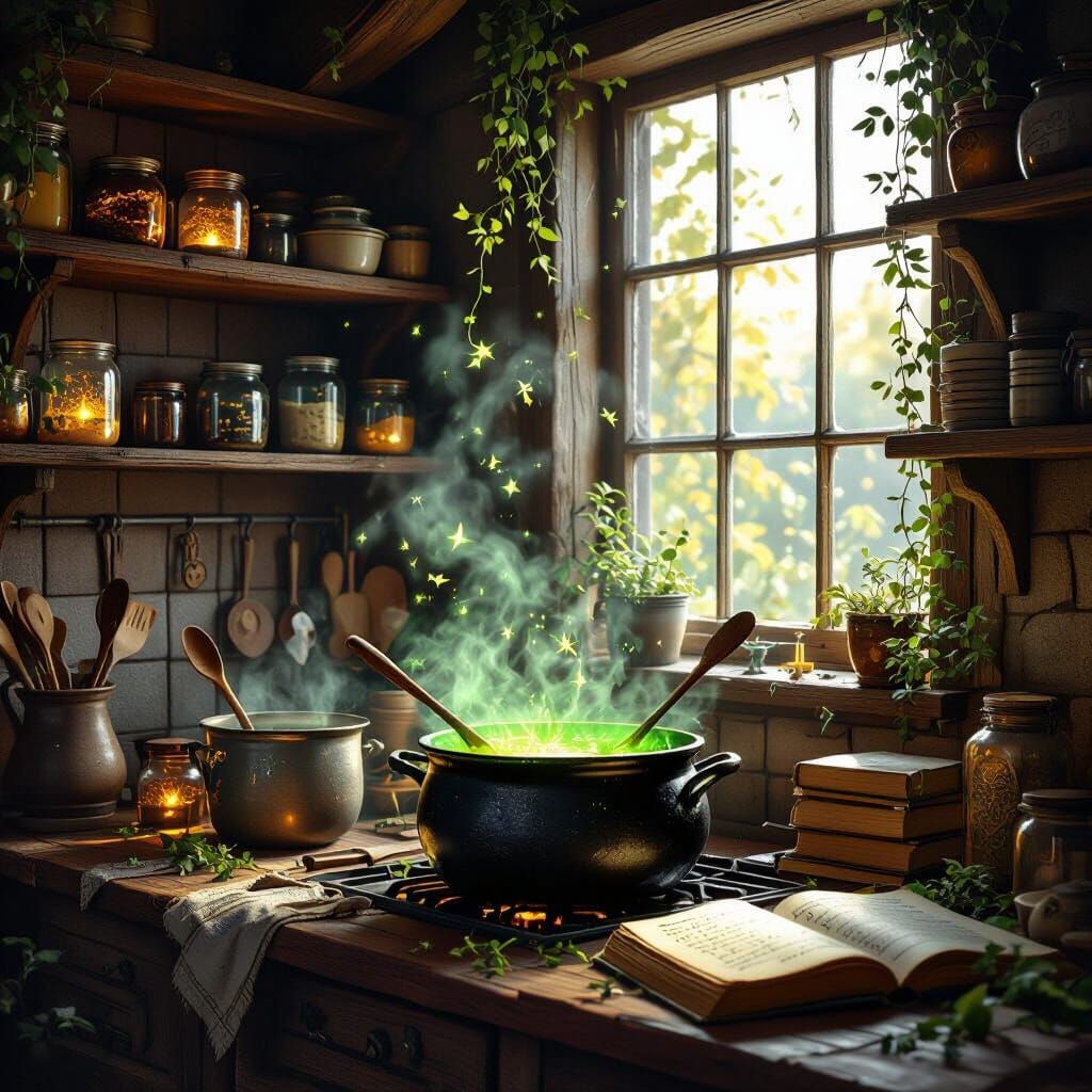 Enchanted Rustic Kitchen with Magical Elements