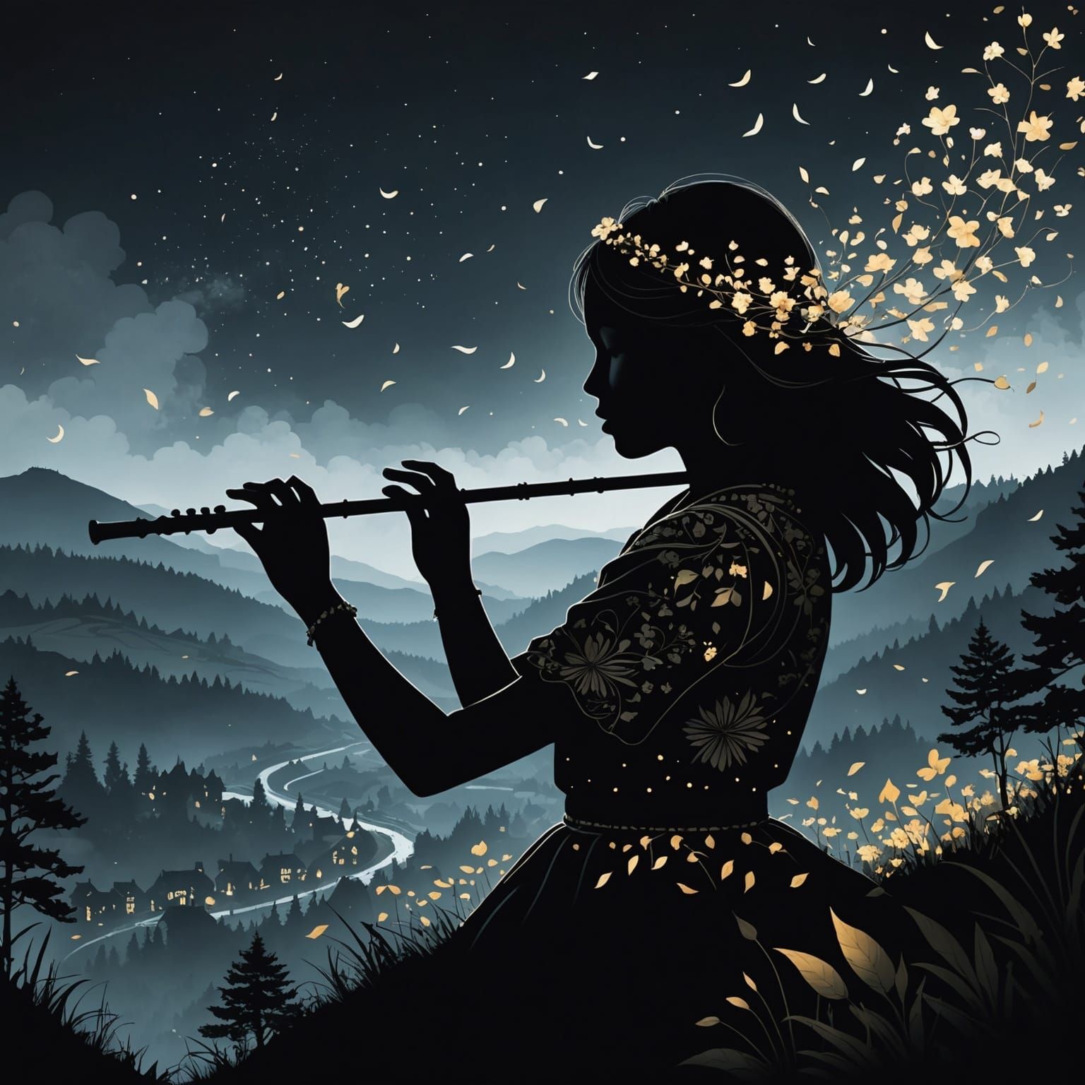 double exposure multi-layered silhouette 2D art of a girl pl...