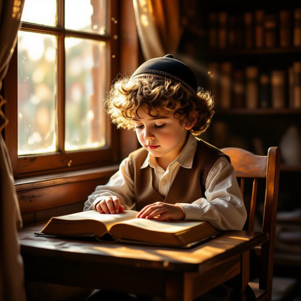 Young Jewish Boy Studying Ancient Book in Golden Light