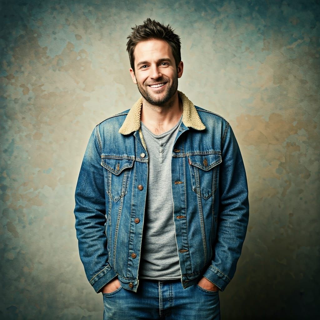 Expressive Portrait of Smiling Man in Denim Jacket