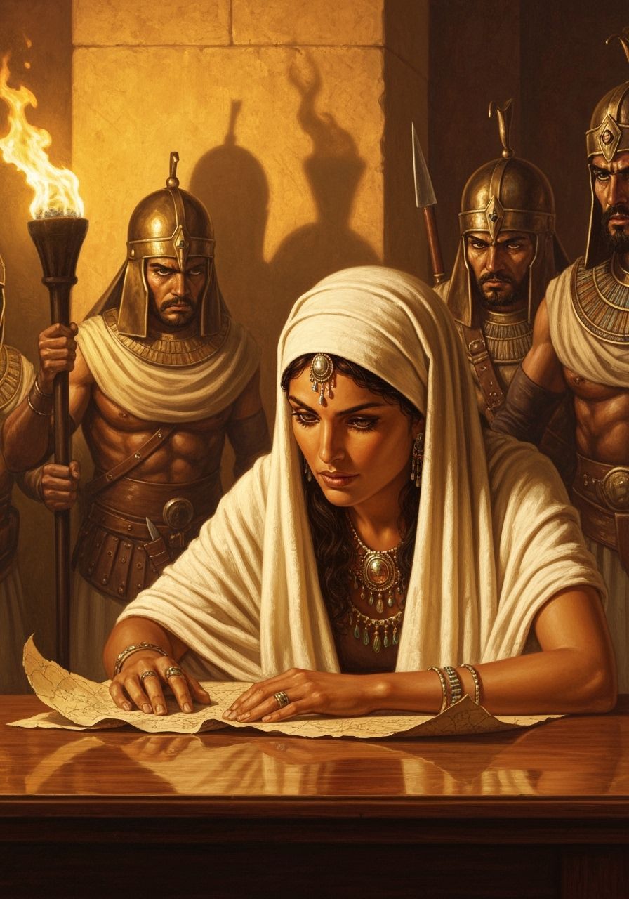 Ancient Egyptian Woman Studies Map with Soldiers