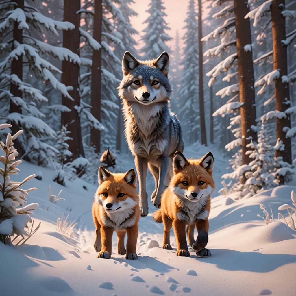 mom wolf with two baby fox's