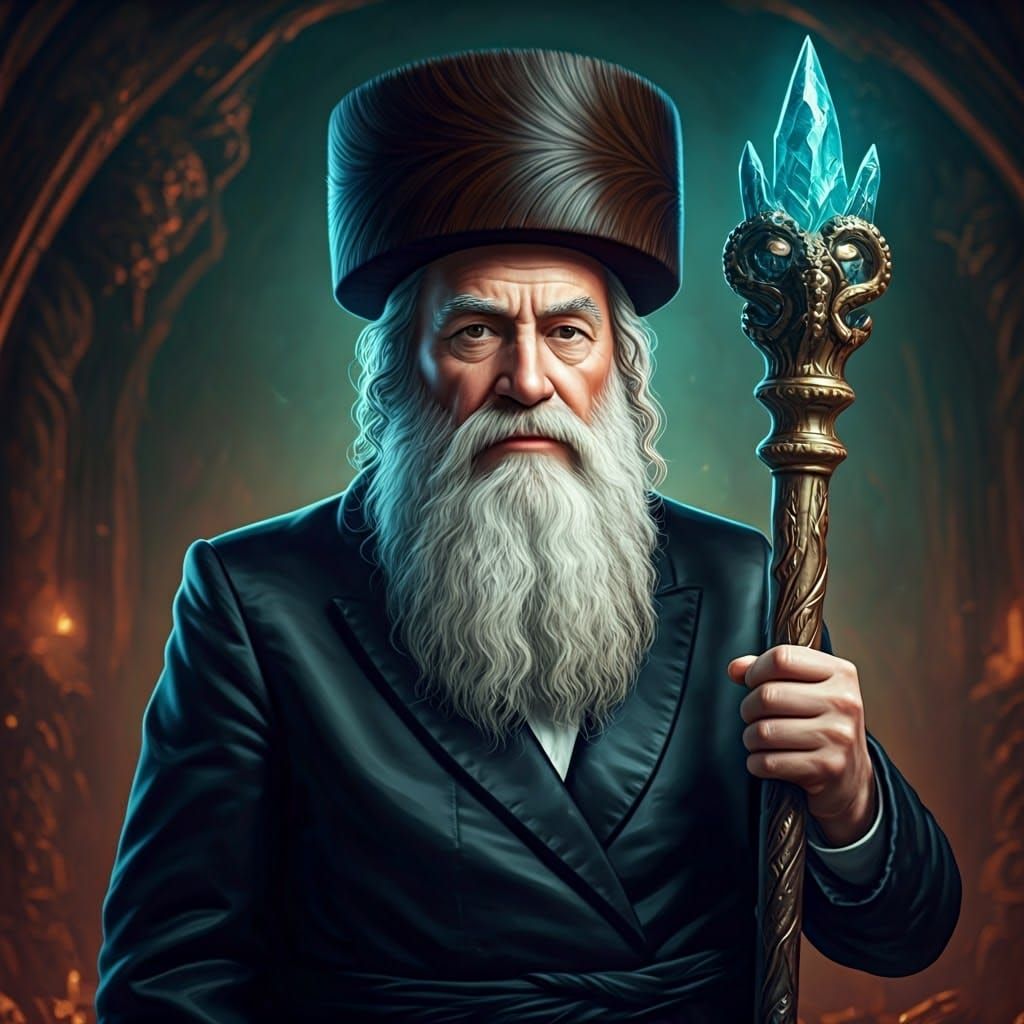 Mystical Rabbi in Opulent, High-Contrast Black Silk Suit