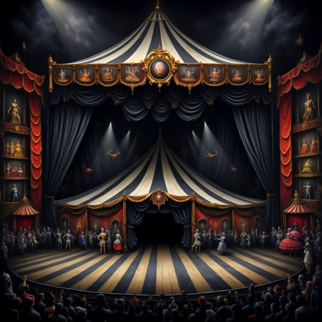 <lora:Circus Intensity:1.0> Exquisite colorful dark scene of a circus setting on stage, horror circus, matte renaissance style oil painting,...