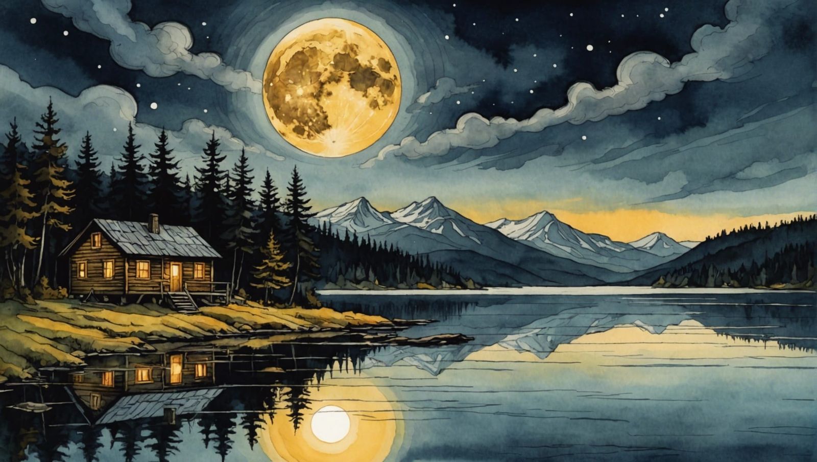 a radiant golden moon over a lake, asperitas clouds, an isol...