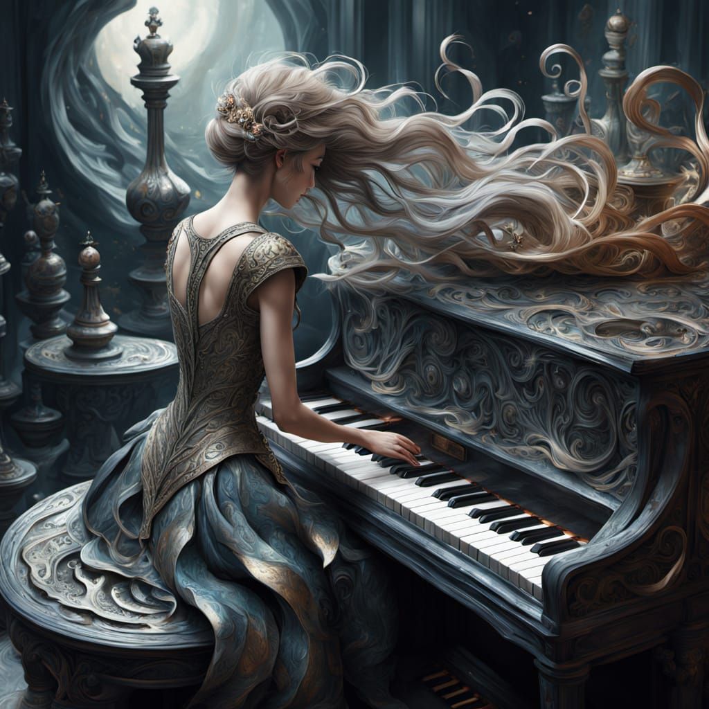 Surreal fantasy / woman playing a piano made of marble and flowing abstract patterns.