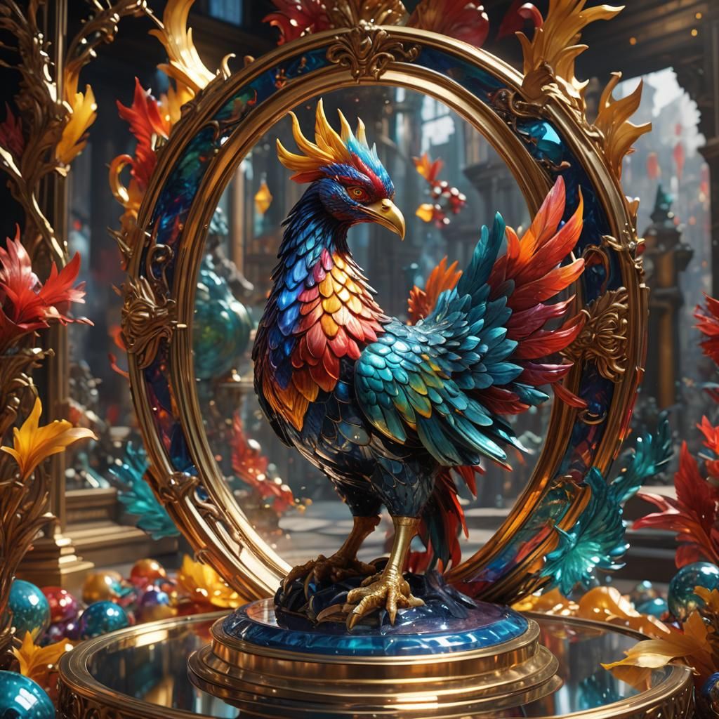 8k blown glass colorful Phenix statue focused close up 3d in...