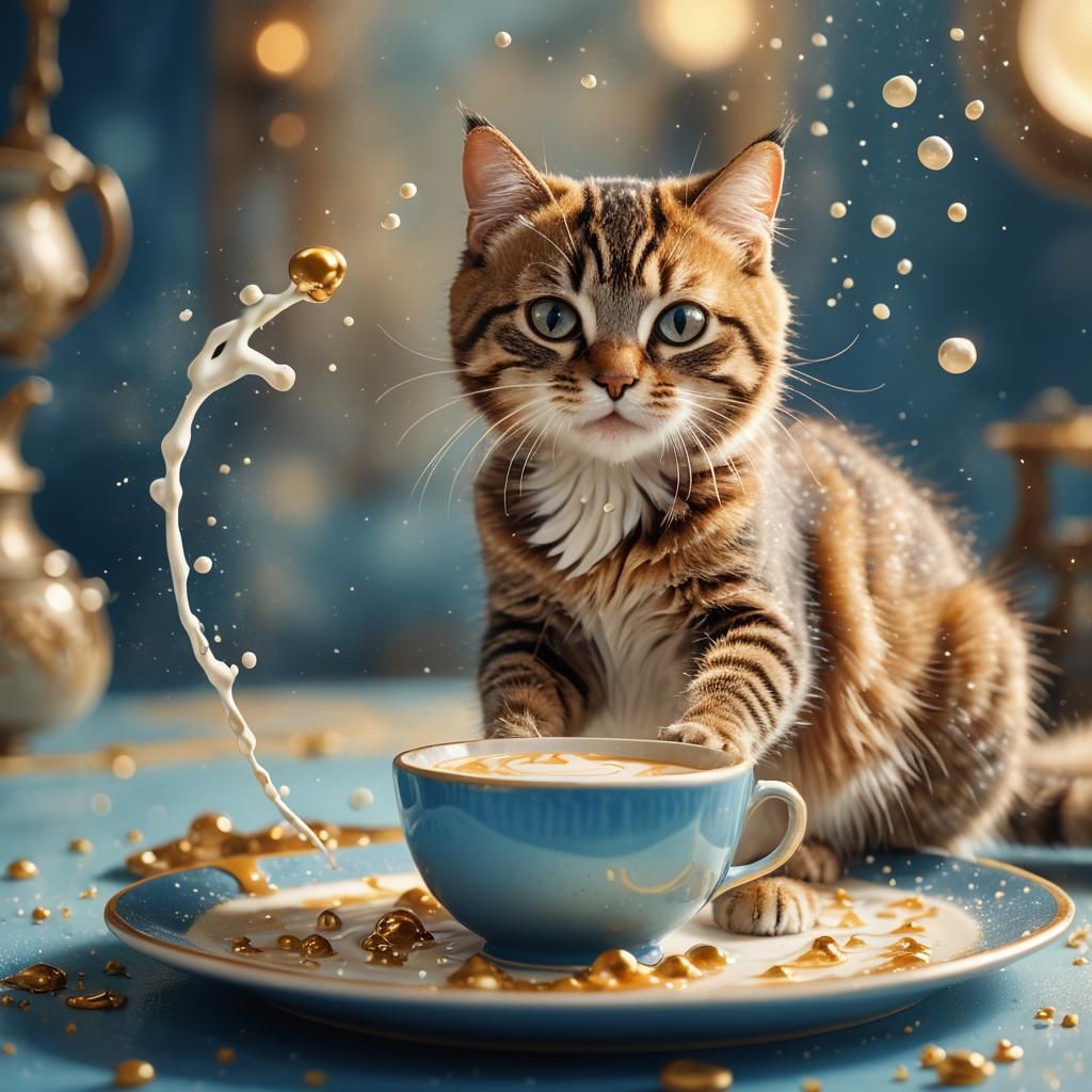 Mischievous Cat Spilling Milk: Whimsical Matte Painting