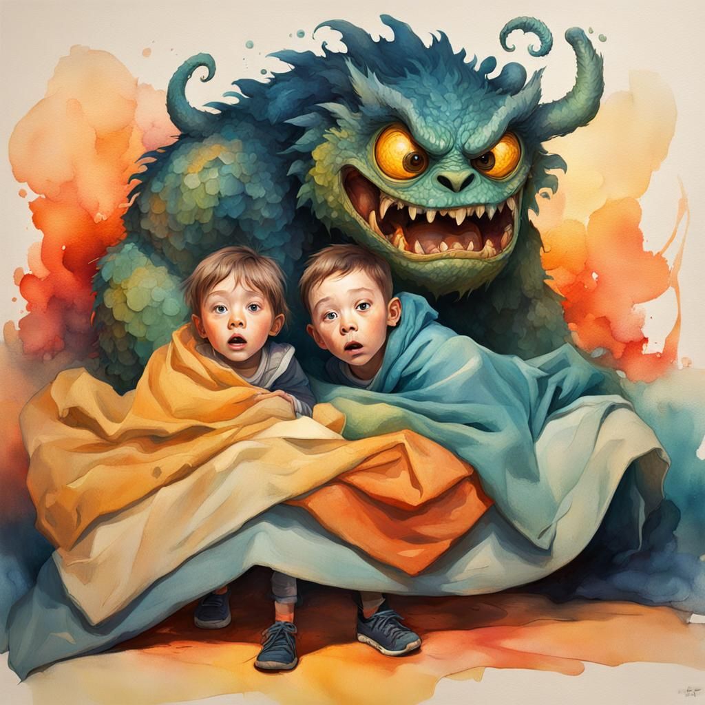 The little boy and girl feels afraid and covers themselves c...