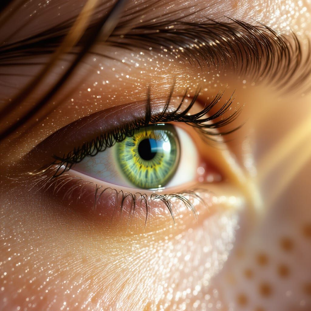 Macro Eye Portrait with Golden Light and Floating Hair