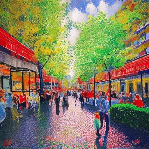 <lora:Pointillism:1.0> Paris old quarter, people in the streets