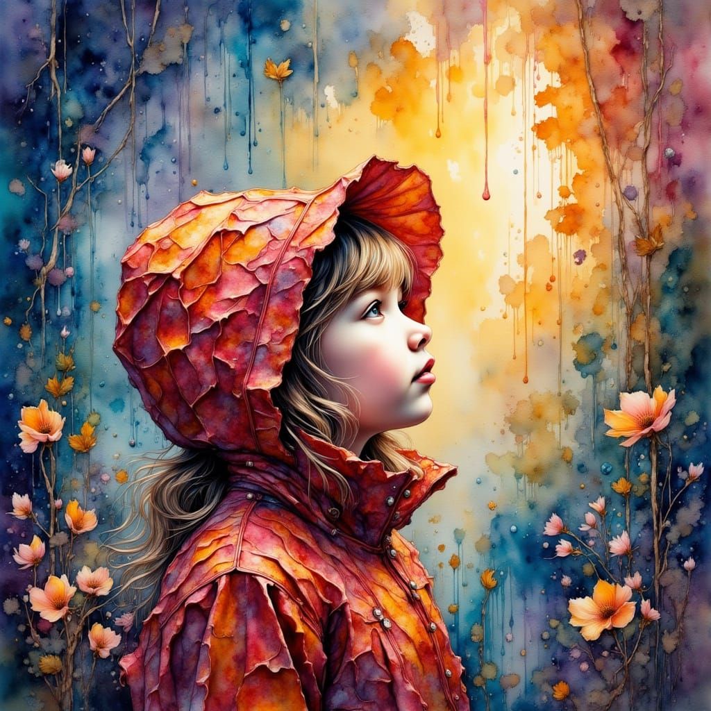 Crimson Raincoat Girl Under Golden Hour Sky