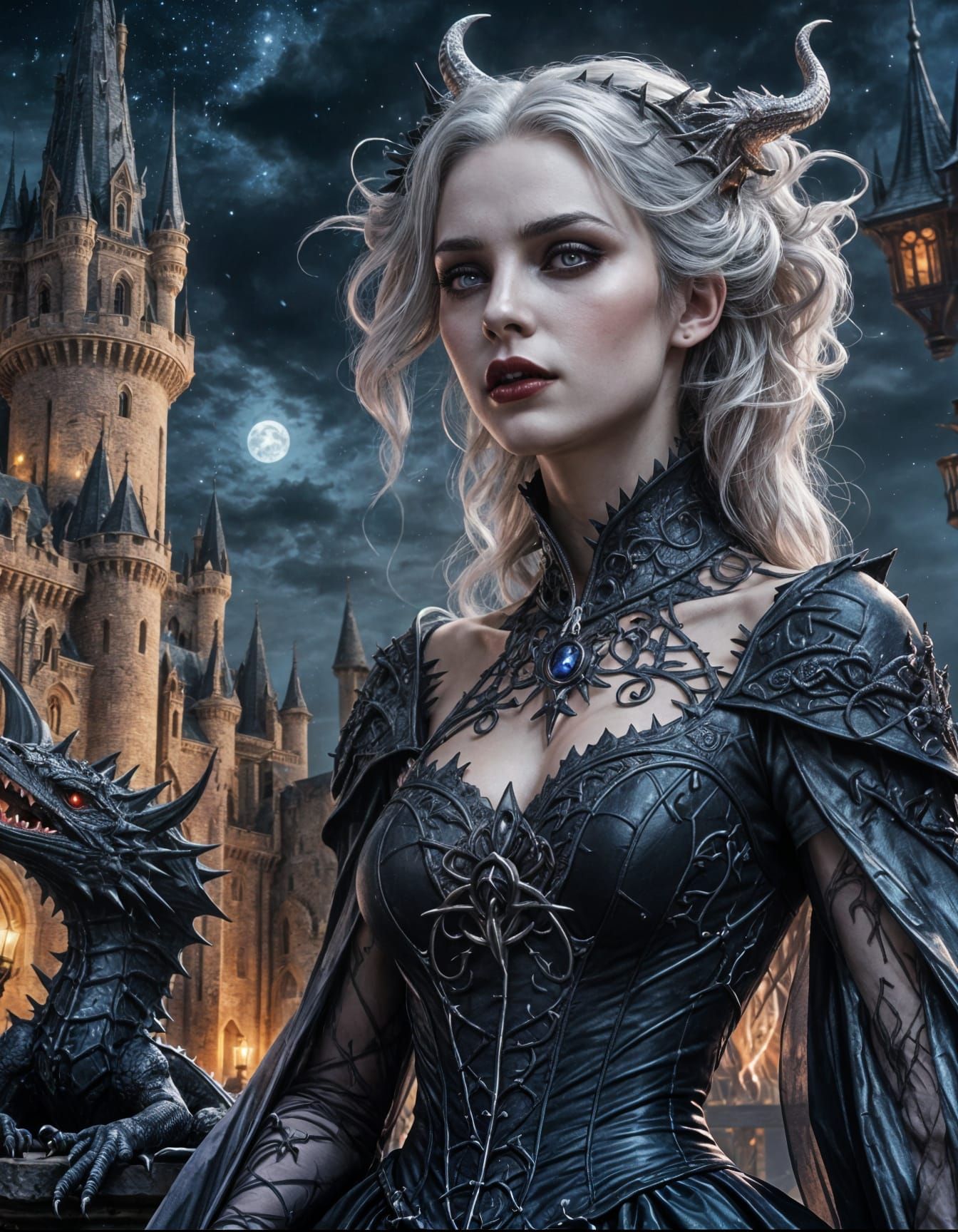 beautiful gothic girl vampire, gothic castle with entwined dragon, starry night, blood.  by @Francy