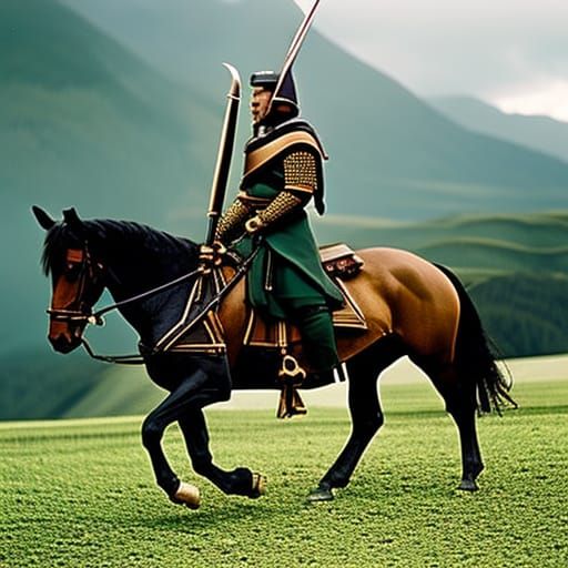Samurai in dark green & copper armor holding long sword riding